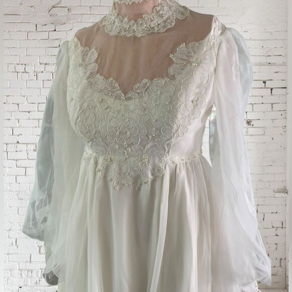 Vntg. Alfred Angelo Chiffon Wedding Dress High Neck Long Sleeves Bridal Gown - Picture 12 of 16